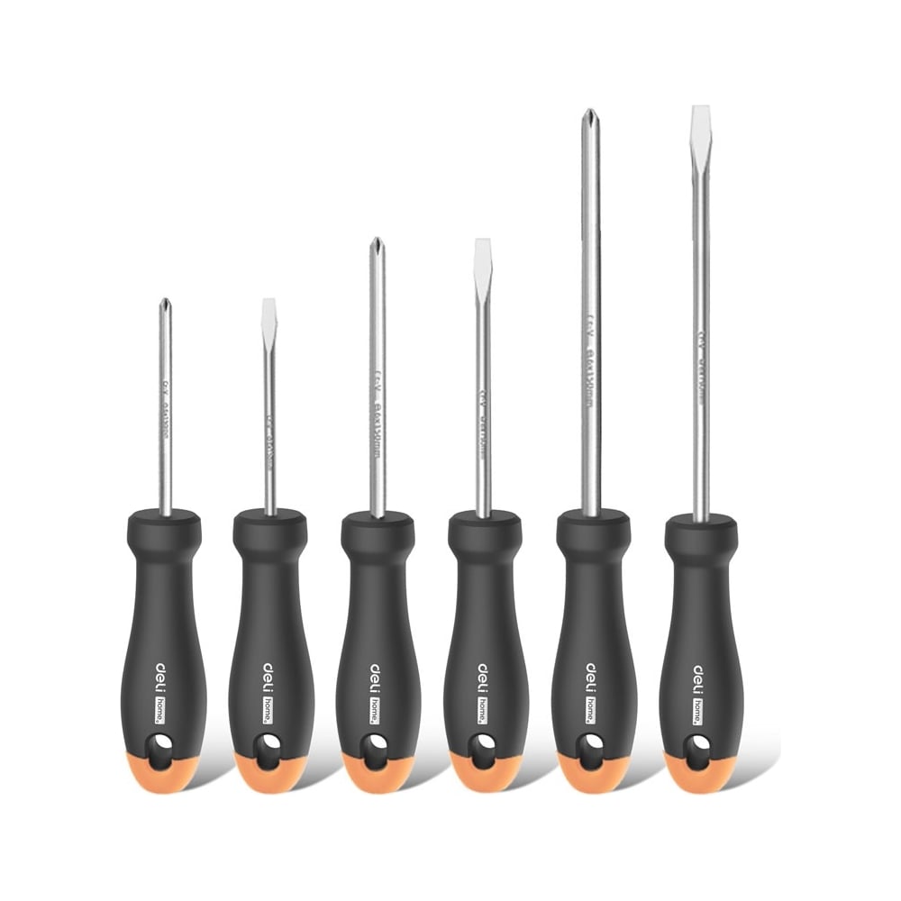 Набор отверток Deli «Home Series Gray» HT1006C используется для работ с резьбовыми соединениями в процессе ремонта или монтажа. Стержни изготовлены из качественной хромованадиевой стали, что обеспечивает высокую антикоррозийную стойкость и долговечность. Лазерной гравировкой на стержни нанесен типоразмер отвертки. Магнитный наконечник способствует снижению вероятности потери крепежа, с которым производится работа. Эргономичная двухкомпонентная TPR+PP рукоятка с покрытием SoftTouch не скользит в руках, гарантируя продолжительную комфортную работу, да и просто приятная на ощупь. Предусмотренное конструкцией специальное отверстие в рукояти поможет эффективно сэкономить пространство для хранения. Эксклюзивный дизайн - изящный, но одновременно строгий и современный - уделяет внимание каждой детали. Отвертки упакованы в стильную картонную коробку и будут отличным подарком для любителей качественного, современного инструмента.