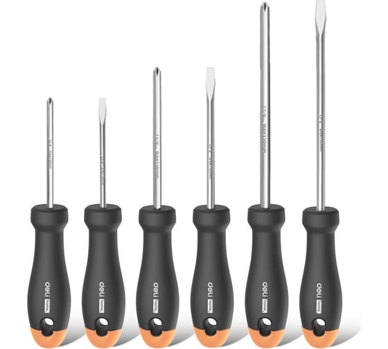 Изображение товара Набор отверток DELI «Home Series Gray» HT1006C 6шт (PH0x75, PH1x100, PH2x150, SL3x75, SL5x100, SL6x150, Cr-V, Soft Touch рукоятка, эксклюзивный дизайн) 130283