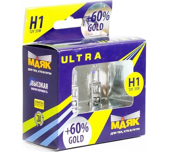 Изображение товара Автомобильная лампа МАЯК Н 1 12V 55W P14.5s Gold +60% ULTRA 82120G+60