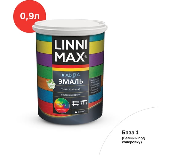 Изображение товара Эмаль универсальная глянцевая LINNIMAX Аква База 1 0,9 л, 948105426