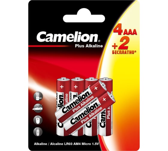 Изображение товара Батарейки Camelion New plus alkaline 4+2 lr03 (4+2lr03-bp, 1.5в) 6 шт блистер 15307
