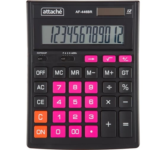 Изображение товара Настольный полноразмерный калькулятор Attache af-446br, 12 разрядов, двойное питание, черно-розовый 1779741
