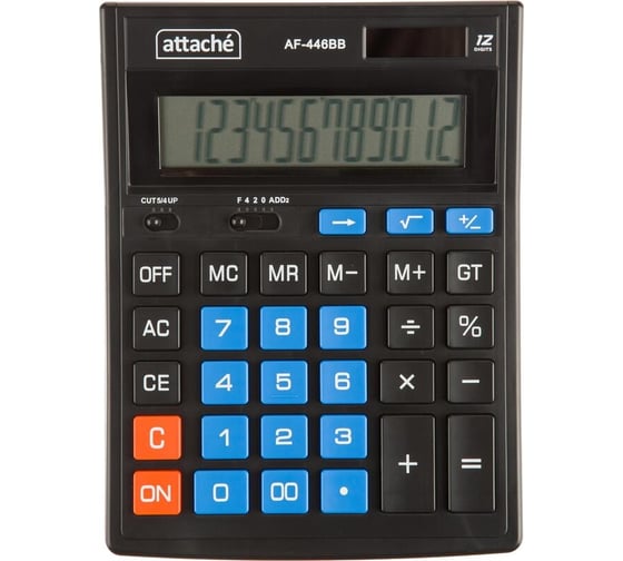 Изображение товара Настольный полноразмерный калькулятор Attache af-446bb, 12 разрядов, двойное питание, черно-синий 1779739