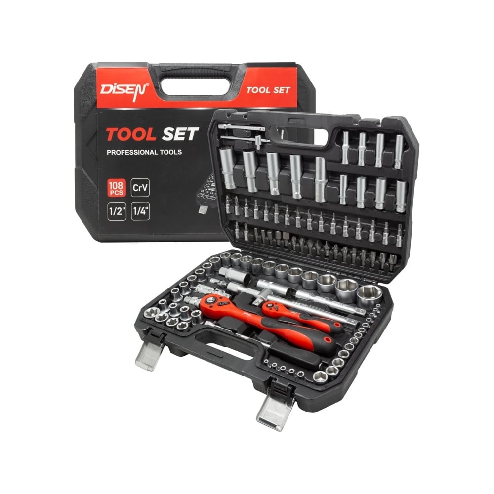 Изображение товара Набор инструментов Disen 1/4 и 1/2 дюйма 108 шт полупрофессиональный