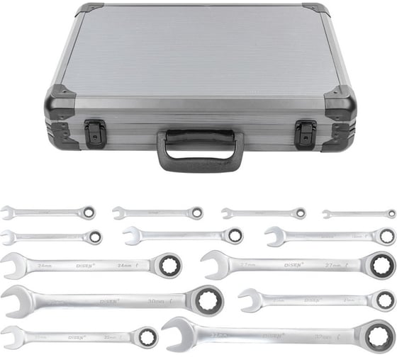 Изображение товара Набор комбинированных трещоточных ключей Disen Premium 8, 10, 12-14, 17, 19, 21, 22, 24, 27, 30, 32 мм, 13 предметов, в кейсе DSL1701(54035)