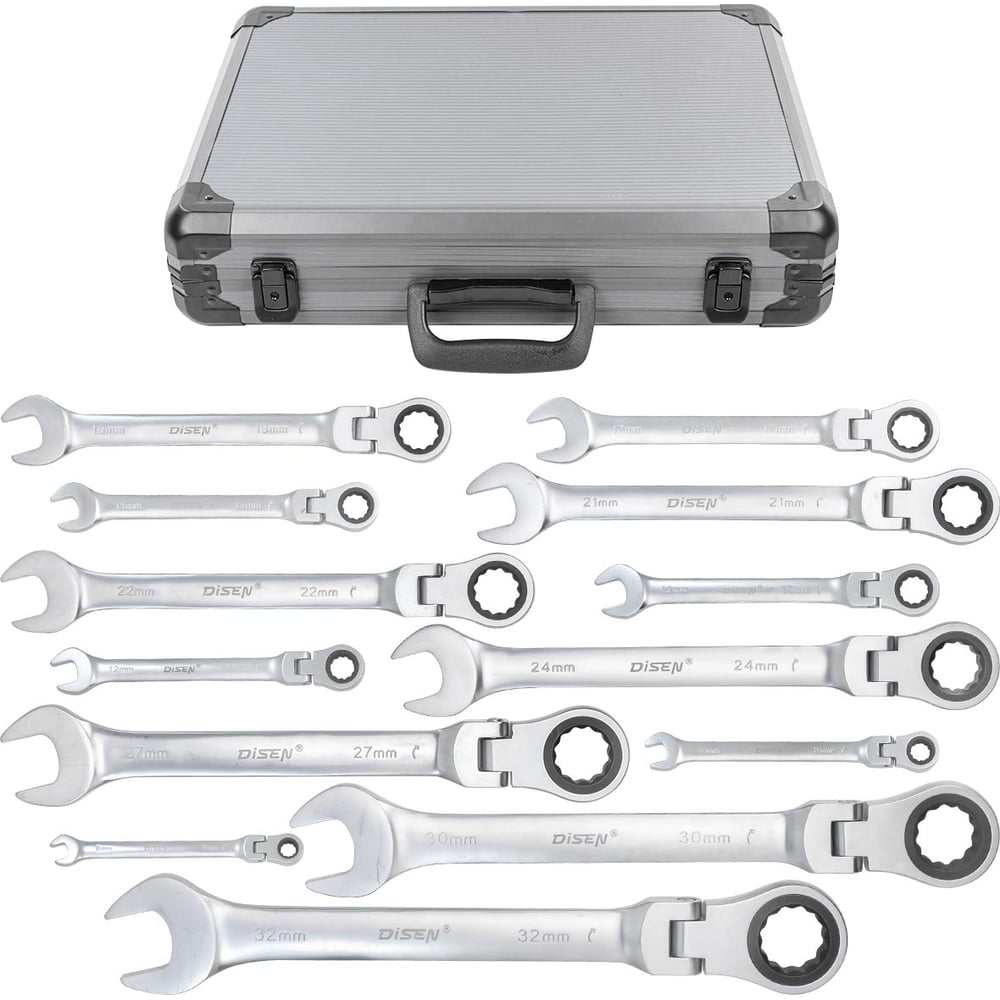 Изображение товара Набор комбинированных трещоточных ключей с шарниром Disen Premium 8, 10, 12-14, 17, 19, 21, 22, 24, 27, 30, 32 мм, 13 предметов в кейсе DSL1701F(54036)