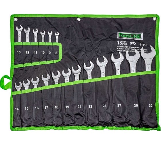 Изображение товара Набор комбинированных ключей ForsLine 8-19, 21, 22, 24, 27, 30, 32 мм, 18 предметов на полотне FL-5181P(54263)