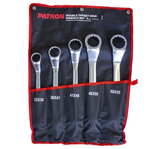 Изображение товара Набор накидных ключей PATRON отогнутых на 45 градусов, 32x36, 36x41, 41x46, 46x50, 50x55 мм, 5 предметов на полотне P-5059P(47384)