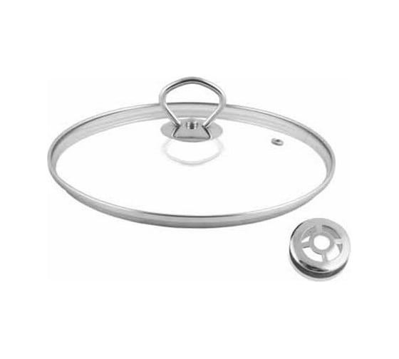 Изображение товара Стеклянная крышка Appetite с металлическим ободом, металлической кнопкой с усиленным пароотводом 26 см GF26M