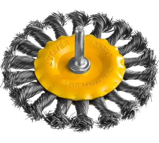Изображение товара Щетка дисковая со шпилькой PROFESSIONAL (100 мм; жгутированная стальная проволока 0.5 мм) для дрели STAYER 35115-100