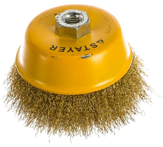 Изображение товара Щетка чашечная PROFESSIONAL (125 мм; М14; витая латунированная проволока 0.3 мм) для УШМ STAYER 35125-125