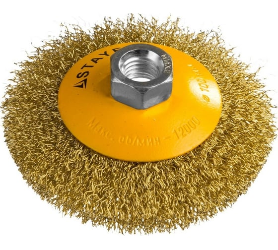 Изображение товара Щетка коническая PROFESSIONAL (100 мм; М14; витая стальная латунированная проволока 0.3 мм) для УШМ STAYER 35133-100