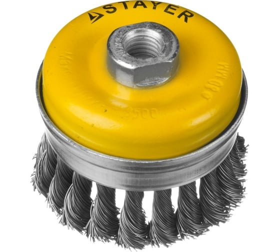 Изображение товара Щетка чашечная усиленная PROFESSIONAL (80 мм; М14; плетеные пучки проволоки 0.5 мм) для УШМ STAYER 35137-080