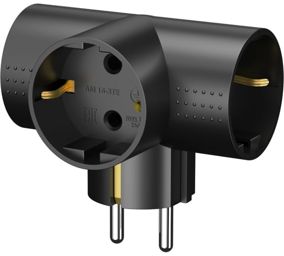 Изображение товара Разветвитель тройник Т-образный ФОТОН с заземлением, 16А, черный 25411