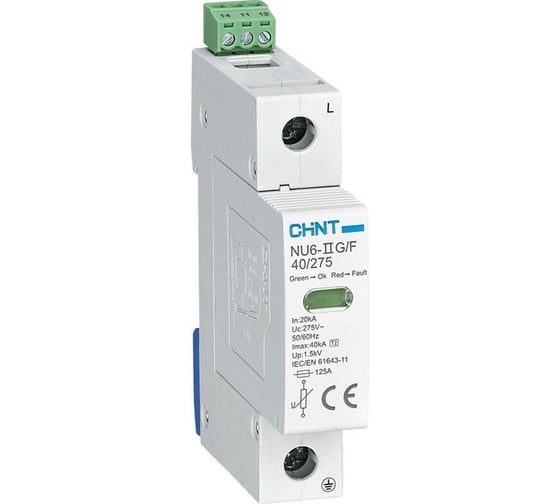 Изображение товара Ограничитель импульсных перенапряжений CHINT NU6-IIG 1п In=15кА Uc=440В Im=40кА (R) 252494