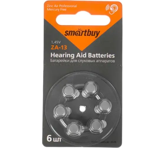 Изображение товара Батарейка Smartbuy для слуховых аппаратов a13-6b (60/3000) упаковка 6 шт. SBZA-A13-6B