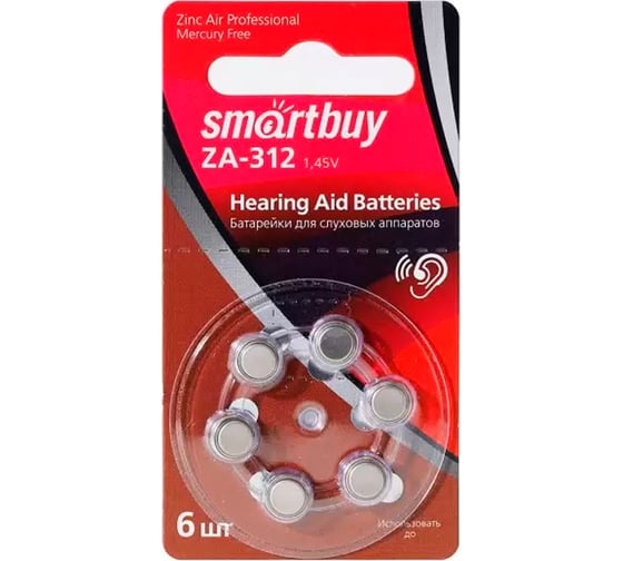 Изображение товара Батарейка Smartbuy для слуховых аппаратов a312-6b (60/3000) упаковка 6 шт. SBZA-A312-6B