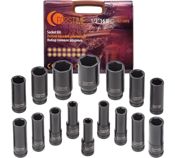 Изображение товара Набор головок ударных глубоких 16 предметов, 1/2'' DR, 6-гранные, в кейсе FORSTIME FT-4167-5MPB(52557)