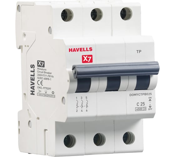 Изображение товара Автоматический выключатель Havells 3P, 4.5kA, C-25A, 3M. 7701542