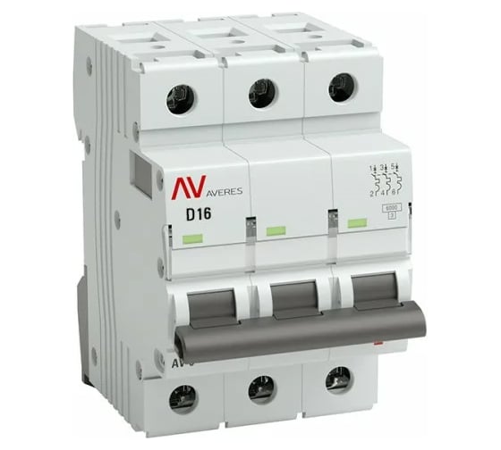 Изображение товара Автоматический выключатель EKF AVERES AV-6, 3P, 16A, D, 6kA mcb6-3-16D-av