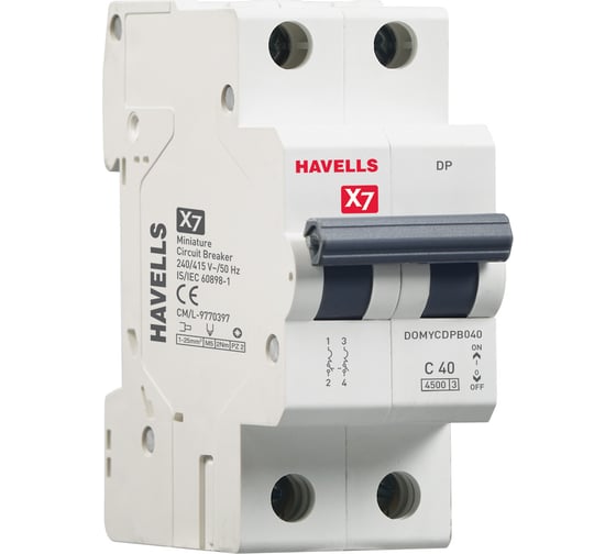 Изображение товара Автоматический выключатель Havells 2P, 4.5kA, C-40A, 2M. 7701535