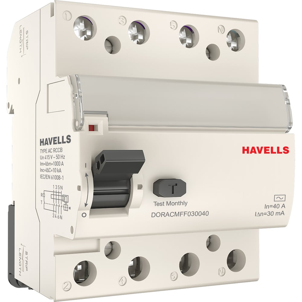 Изображение товара Устройство защитного отключения Havells 3P+N, 40А, 30мА, тип АС, IP20, монтаж на DIN-рейку
