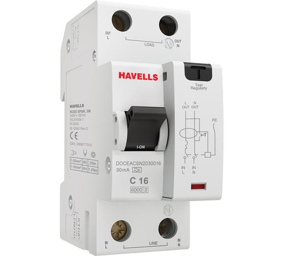 Изображение товара Дифференциальный автоматический выключатель Havells 1P+N, 6kA, C-16A, 30 мА, Тип A, 2М. 7701643
