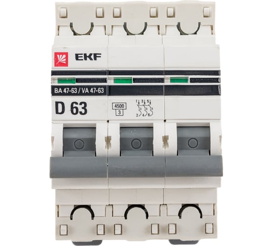 Изображение товара Автоматический выключатель EKF PROxima ВА 47-63, 3P, 63А, D, 4,5kA mcb4763-3-63D-pro