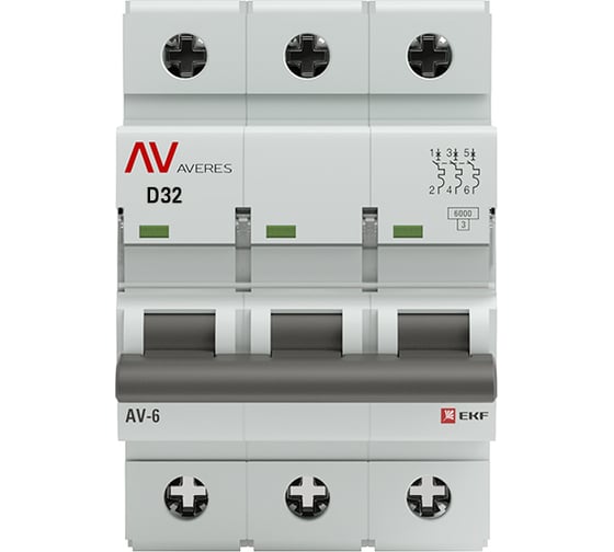 Изображение товара Автоматический выключатель EKF AV-6 3P 32A D 6kA AVERES mcb6-3-32D-av