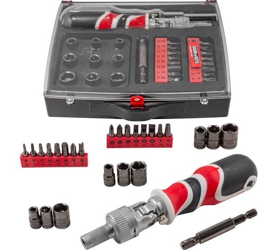 Изображение товара Реверсивная поворотная отвертка усиленная с комплектом бит и головок BaumAuto 27пр, в пластиковом футляре BM-30314227(15710)