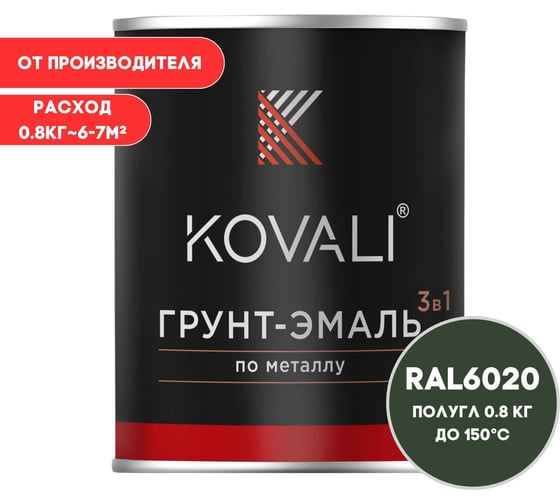 Изображение товара Грунт-эмаль 3 в 1 KOVALI полуглянец Хромовая зеленая RAL 6020 (0,8кг) kov3.2.4.C.6020.0.8pg