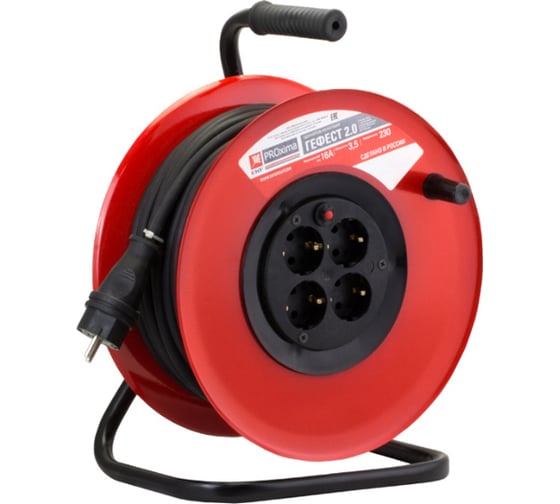 Изображение товара Удлинитель EKF PROxima Гефест 2.0, на катушке, 4 гнезда, 30м, КГ 3x2.5, 16А/3.5кВт UKG02-16-R325-4-30
