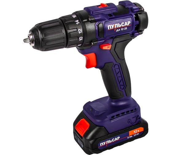 Изображение товара Аккумуляторная безударная дрель ПУЛЬСАР ДА 12-25 12 В, 25 Hm, Li-on, 2 Ah, 2 аккумулятора, кейс 916-943