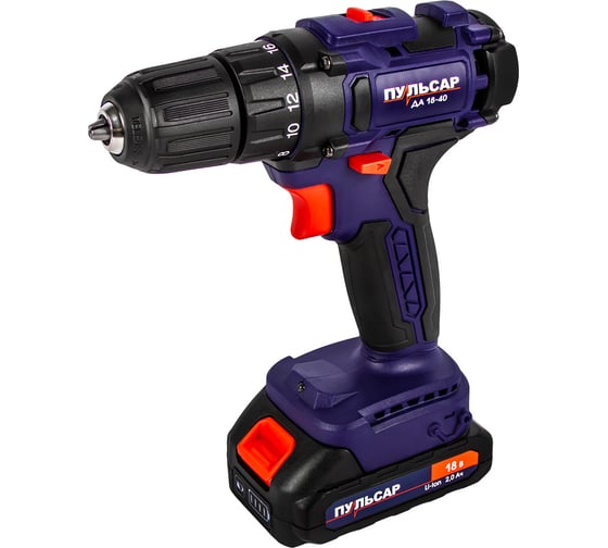 Изображение товара Аккумуляторная безударная дрель ПУЛЬСАР ДА 18-40 18 В, 40 Hm, Li-on, 2,0 Ah, 2 аккумулятора, кейс 916-967