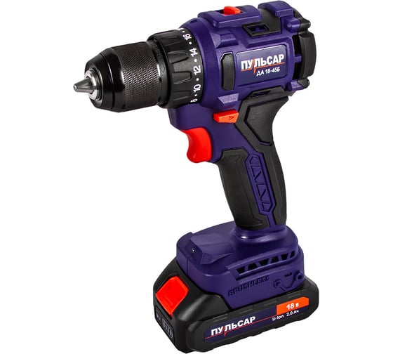 Изображение товара Аккумуляторная безударная дрель ПУЛЬСАР ДА 18-45Б 18 В, 45 Hm, Li-on, BL-мотор, 2,0 Ah, 2 аккумулятора, кейс 916-974