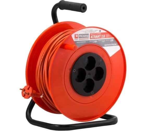 Изображение товара Удлинитель EKF PROxima Атлант 2.0, на катушке, 4 гнезда, 40м, ПВС 2x0.75, 6А/1.3кВт UKA02-06-275-4-40