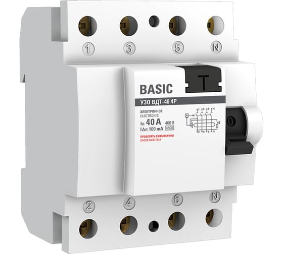 Изображение товара Устройство защитного отключения EKF УЗО, ВД-40, 4P, 40А/100мА, электронное, Basic elcb-4-40-100e-sim