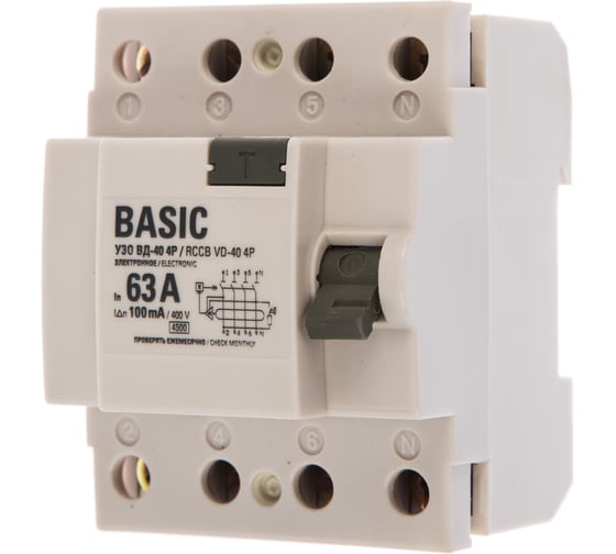 Изображение товара Устройство защитного отключения EKF ВД-40, 4P, 63А/100мА, электронное, Basic elcb-4-63-100e-sim