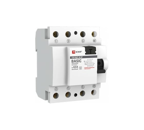 Изображение товара Устройство защитного отключения EKF ВДТ-40, 4P, 63А/30мА, электронное, Basic elcb-4-63-30e-sim