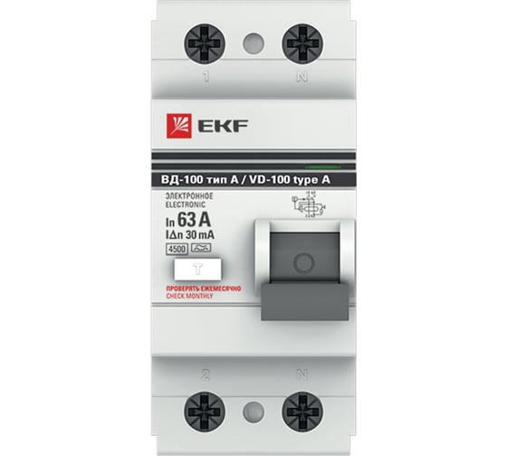 Изображение товара Электронное устройство защитного отключения EKF ВД-100 2P 63А/30мА тип А PROxima elcb-2-63-30-e-a-pro