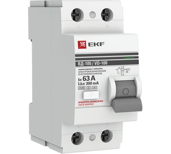 Изображение товара Селективное устройство защитного отключения EKF 2P 63А/300мА (электромеханическое) PROxima elcb-2-63-300S-em-pro
