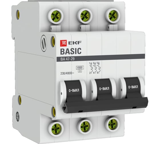 Изображение товара Автоматический выключатель EKF 3P 6А B 4,5кА ВА 47-29 Basic mcb4729-3-06-B