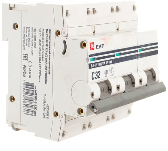Изображение товара Автоматический выключатель EKF 3P 32А 10kA ВА 47-100 PROxima mcb47100-3-32C-pro