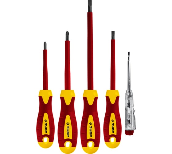 Изображение товара Набор диэлектрических отверток Зубр ПРОФЕССИОНАЛ 1000 В, SL 3, 5 / PH 1, 2, тестер 100-250 В, в коробке, 5 предметов 25265