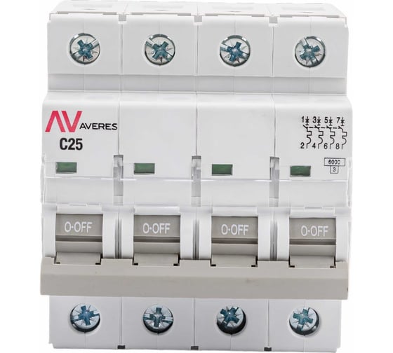 Изображение товара Автоматический выключатель EKF AVERES AV-6, 4P, 25A, C, 6kA mcb6-4-25C-av