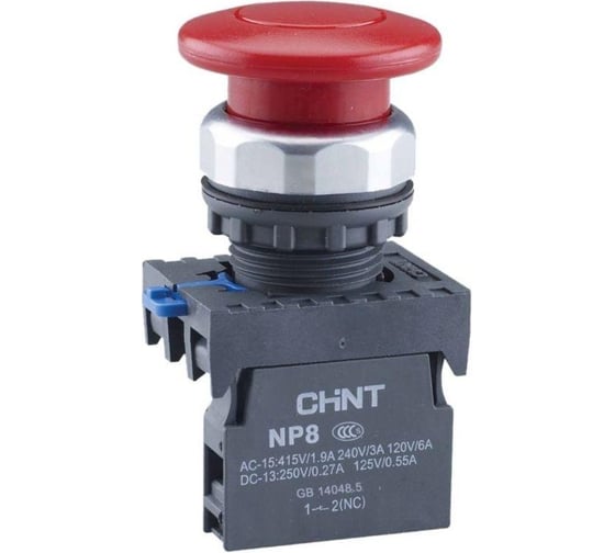 Изображение товара Кнопка управления CHINT "Грибок" NP8-01M/1 d40мм (2), 1НЗ, IP65, с самовозвратом, без подсветки, красный (R) 667261