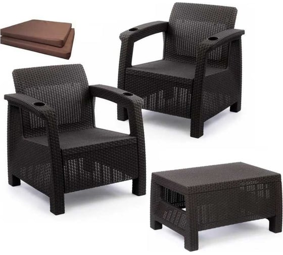 Изображение товара Комплект садовой мебели WORKY набор кофейный на 2 персоны (2 кресла + кофейный столик), искусственный ротанг, мокко, с коричневыми подушками ARD258135