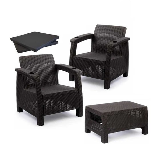 Изображение товара Комплект садовой мебели WORKY набор кофейный на 2 персоны (2 кресла + кофейный столик), искусственный ротанг, с черными подушками ARD258137