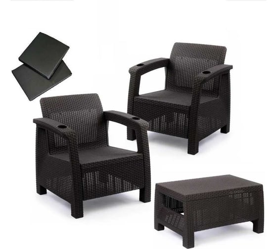 Изображение товара Комплект садовой мебели WORKY набор кофейный на 2 персоны (2 кресла + кофейный столик), искусственный ротанг, мокко, с серыми подушками ARD258136