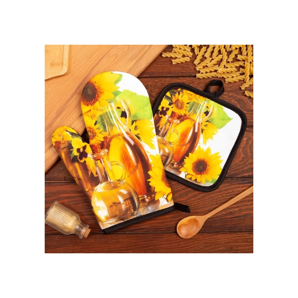 Изображение товара Кухонный набор Этель Подсолнухи 2 предмета прихватка и варежка из полиэстера